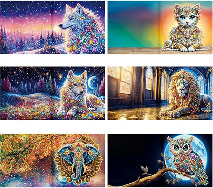 6pcs DIY Animals Diamond Art Painting Greeting Cards Kit, Rhinestone Art Holiday Birthday Card Set with Envelopes, DIY Festival Craft for Girlfriend, Christmas Valentine Gift Making Supplies