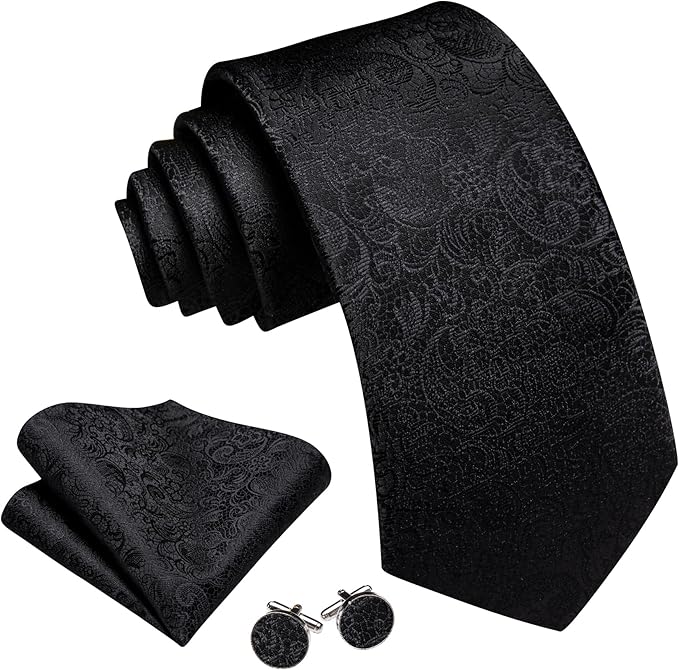 Barry.Wang Tie Sets for Men Silk Solid Necktie Stain Ties Handkerchief Pocket Square Cufflinks Wedding Business Dyed