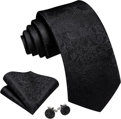 Barry.Wang Tie Sets for Men Silk Solid Necktie Stain Ties Handkerchief Pocket Square Cufflinks Wedding Business Dyed