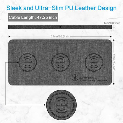 ZealSound Triple Wireless Charger,Charging Pad,Ultra Slim Fast 3x10W Charger Station for Multiple 3 Devices New Airpods Samsung Earbuds Mat Dock W/AC Adapter for All Wireless Charging Phones