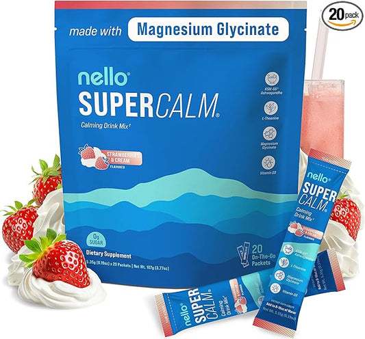 Nello Supercalm Powdered Drink Mix, Cortisol Reducer*, Sleep Aid Supplement, L Theanine, Ksm-66 Ashwagandha, Magnesium Glycinate, Vitamin D 3, No Sugar, Non GMO, 20 Ct, Strawberries & Cream