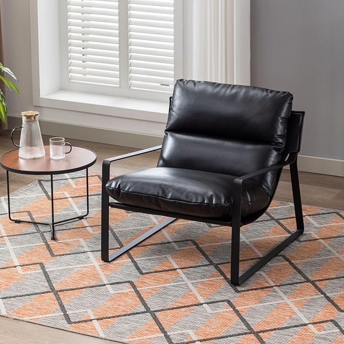 LukeAlon Modern PU Leather Accent Armchair, Upholstered Living Room Chair with Metal Base Removable Thickened Cushion Single Sofa Chair Comfy Lounge Chair for Bedroom Living Room Office, Black