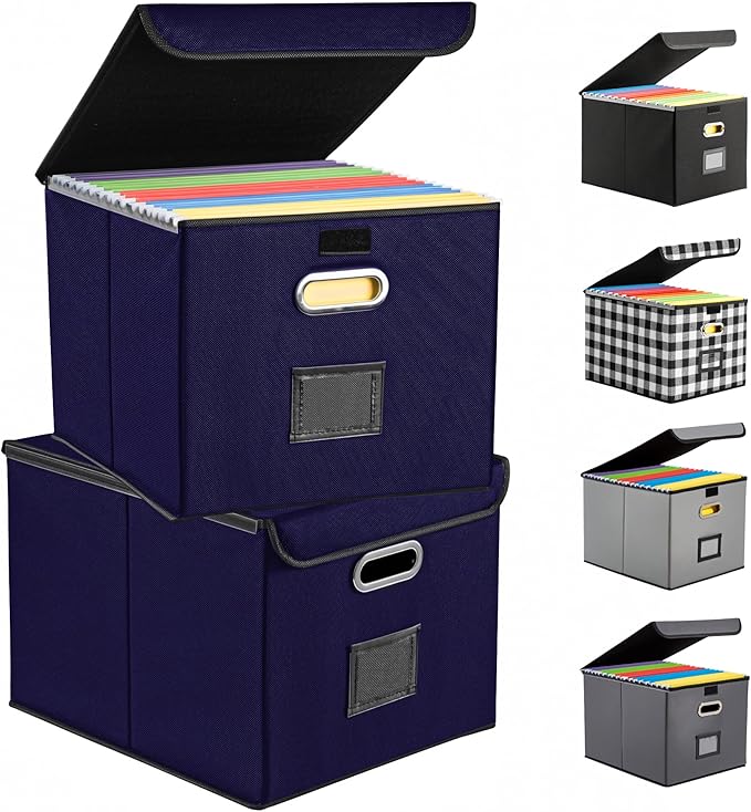 Collapsible File Box with Lid & Plastic Slide - Hanging Document Organizer for Office/Home, 14.96x12.6x10.83 Inch,Dark Blue, 2 Pack (No Folders Included)