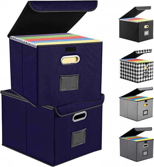 Collapsible File Box with Lid & Plastic Slide - Hanging Document Organizer for Office/Home, 14.96x12.6x10.83 Inch,Dark Blue, 2 Pack (No Folders Included)