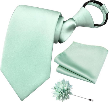 Branduce 3.15"（8cm） Pre-tied Adjustable Zipper Tie and Lapel Pin Solid Necktie Handkerchief Set for Men