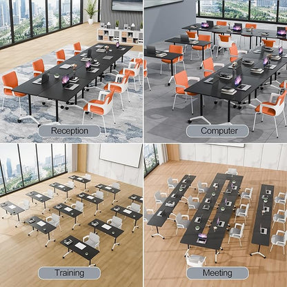 Folding Conference Table Modern Large Mobile Meeting Table Rolling Conference Room Tables with Wheels Seminar Tables for Office Training Classroom (10, Black, 63" D X 19.7" W X 29.5" H)