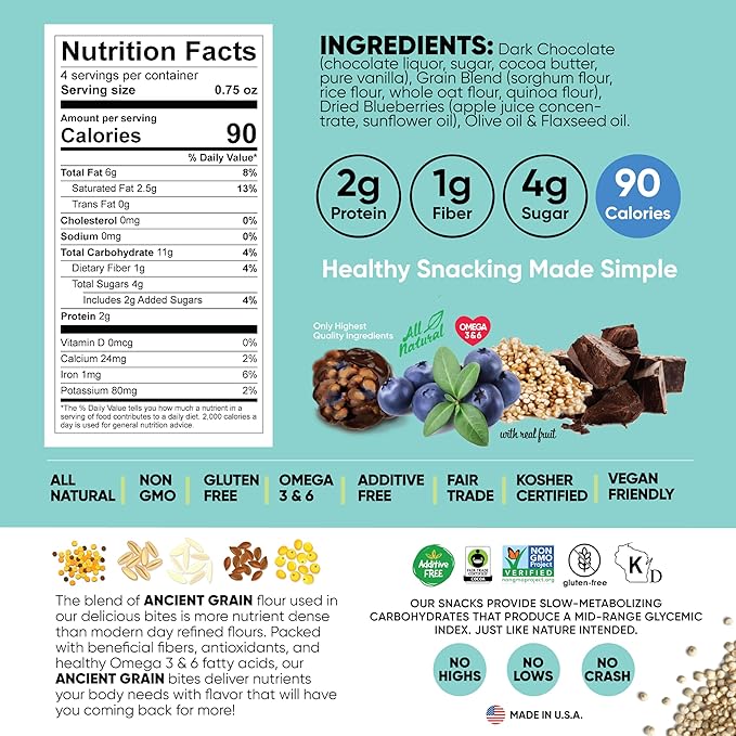 Good Source Snacks Dark Chocolate Bites & Ancient Grains, Blueberry Quinoa Chocolate Crisps, 9 Pack, 3 oz, Vegan, Gluten Free, Non GMO, Kosher Protein Bites