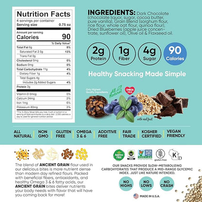 Good Source Snacks Dark Chocolate Bites & Ancient Grains, Blueberry Quinoa Chocolate Crisps, 9 Pack, 3 oz, Vegan, Gluten Free, Non GMO, Kosher Protein Bites