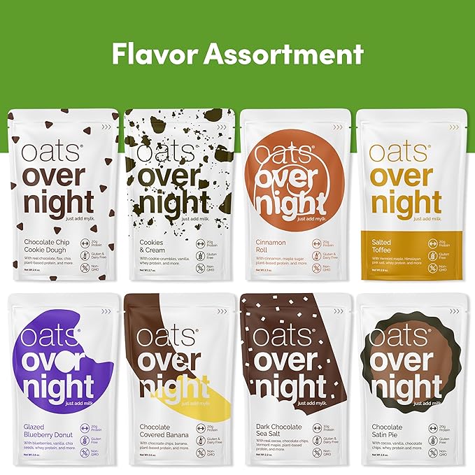 Oats Overnight Dessert Variety Pack - High Protein, High Fiber Breakfast Protein Shake - Gluten Free Oatmeal, Non GMO High Protein Oatmeal - Salted Toffee, Chocolate Satin Pie & More Flavors (16 Pack)
