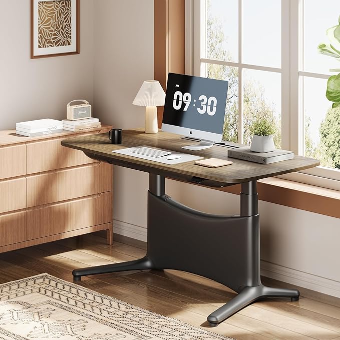 COLAMY Electric Standing Desk, Whole-Piece Gaming Desk with Dual Motors, Ergonomic Footrest, Drawers for Storage, Adjustable Height Sit-Stand Desk for Home Office (MFC Desktop, Walnut + Black)