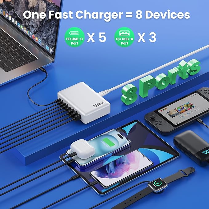 USB C Charger 300W USB C Charger Block, 8-Ports GaN IV Fast Charging Station Hub,PD 100W Laptop Charger Adapter,for MacBook Pro/Air/iPad/iPhone16/15/14/Apple Watch/DELL/Samsung for Home Office
