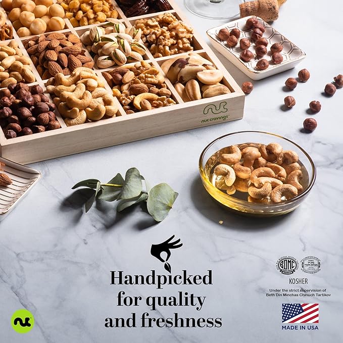 NUT CRAVINGS - Thanksgiving Mixed Nuts Gift Basket in Reusable Wooden Tray + Green Ribbon (12 Assortments) Holiday Xmas Christmas Food Arrangement, Healthy Snack Care Package