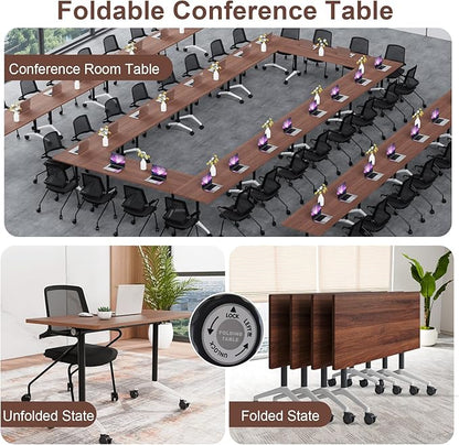 Conference Table, Folding Conference Room Table On Wheels Foldable Office Conference Table Moderen Modular Conference Training Table for Classroom Meeting(Walnut, 47.2IN, 4)