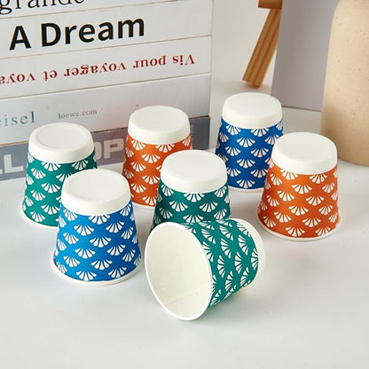 JollyPack 300 Pack 3 oz Disposable Bathroom Paper Cups, Small Mouthwash Cups in Orange, Blue, and Green, Great for Candy, Biscuits, Bathroom Use, Parties, Picnics, and Travel