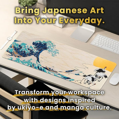 BELLEMOND Japanese Art Desk Mat | Large 31.5x11.8in Desk Pad | Mouse Pad for Keyboard & Mouse | Non-Slip Base, Water-Repellent, Smooth Precision | Waves of Harmony
