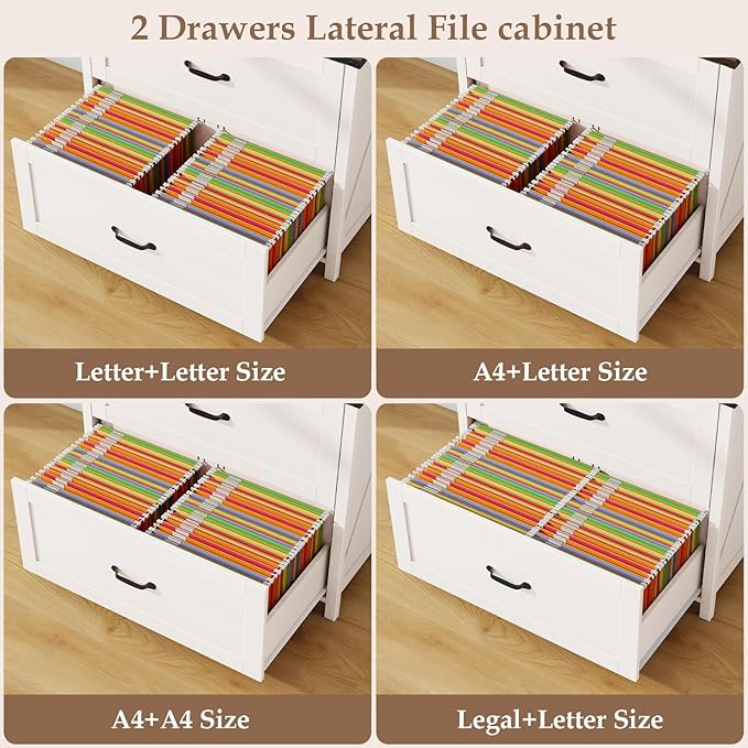 File Cabinet with 2 Drawer for Legal/Letter/A4 Size Hanging Files, Farmhouse Filing Cabinet with Adjustable Shelf, Large Wood File Cabinets for Home Office Printer Stand with Bookshelf, White