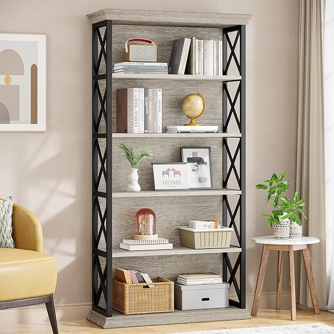 Tribesigns 6-Tier Bookcase, 71 Inches Industrial Bookshelves and Bookcases, Floor Standing 5 Shelf Display Storage Shelves Tall Bookcase for Home Office, Living Room, Bed Room, Grey and Black