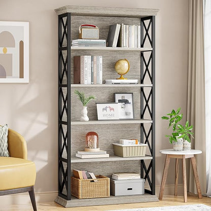 Tribesigns 6-Tier Bookcase, 71 Inches Industrial Bookshelves and Bookcases, Floor Standing 5 Shelf Display Storage Shelves Tall Bookcase for Home Office, Living Room, Bed Room, Grey and Black