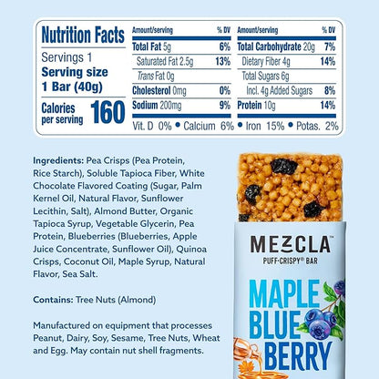 Mezcla Puff Crispy Protein Bars, Gluten Free & Vegan Protein Bars, 10g Protein, Alt for Crispy Rice Treat, Granola Bars & Breakfast Bars, Healthy Snacks for Adults, Maple Bluberry, 12 Pack