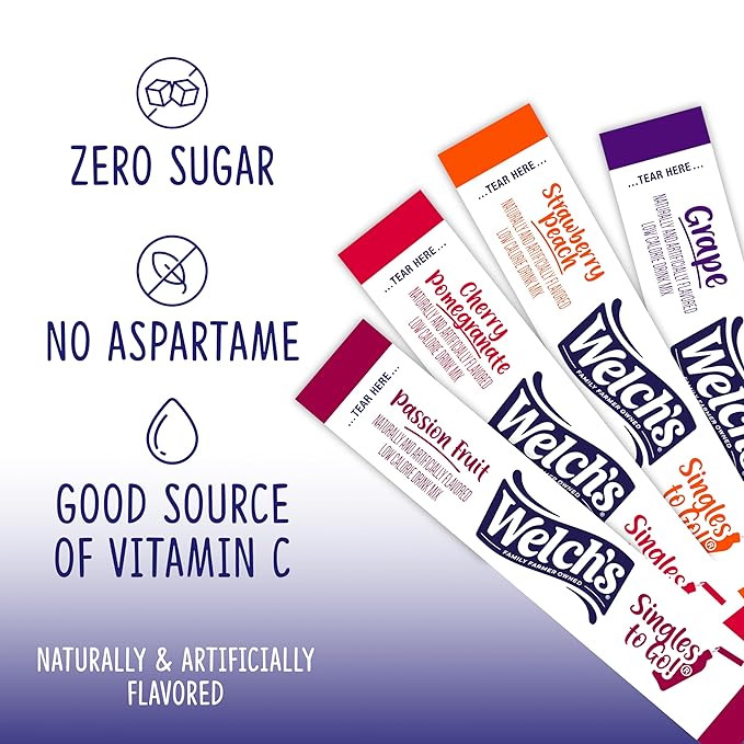 Welch's Singles To Go Variety Pack, Watertok Powdered Drink Mix, Includes 4 Flavors, Grape, Passion fruit, Strawberry Peach, Cherry Pomegranate, 1 Box (40 Servings)