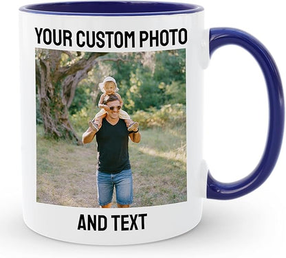 Personalized Coffee Mug | Custom Photo Text and Logo Ceramic Mug | Customized 11 Oz Tea Cup | Unique Gift for Men & Women – Taza Personalizadas Design with Picture or Message | White – Blue