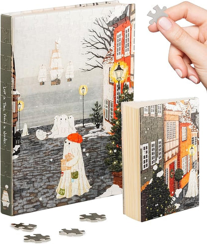 PieceRelax A5 Puzzle Journal for Adults, 300 Piece Plastic Jigsaw Book Cover (Includes Notebook) - Katherine Blower - Harbor’s First Snow, Unique Gift [YA1074]