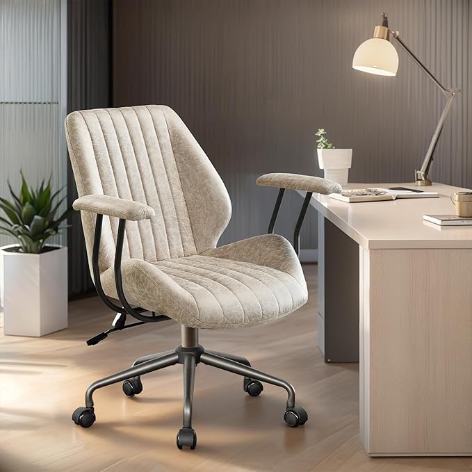 Home Office Desk Chair Adjustable Height, Ergonomic Executive Office Chair with Armrests, Rolling Comfy Desk Chair with Lumbar Support, Mid Century Modern, Beige