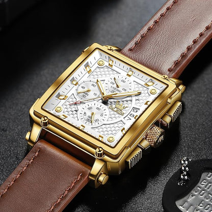OLEVS Men's Chronograph Leather Watch, Big Face Easy to Read Analog Quartz Dress Watch, Casual Waterproof Luminous Hands Date Watches for Men, White/Blue/Black/Gold Dial