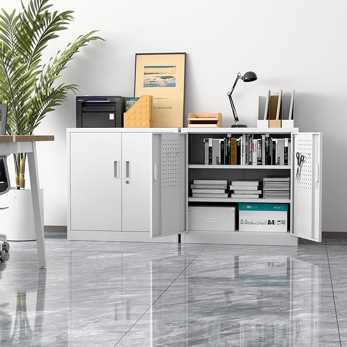 Metal Garage Storage Cabinet with Lock and Pegboard, Steel File Cabinets with 2 Lockable Doors and 2 Adjustable Shelves for Home, School, Office, Garage, Assembly Required, White