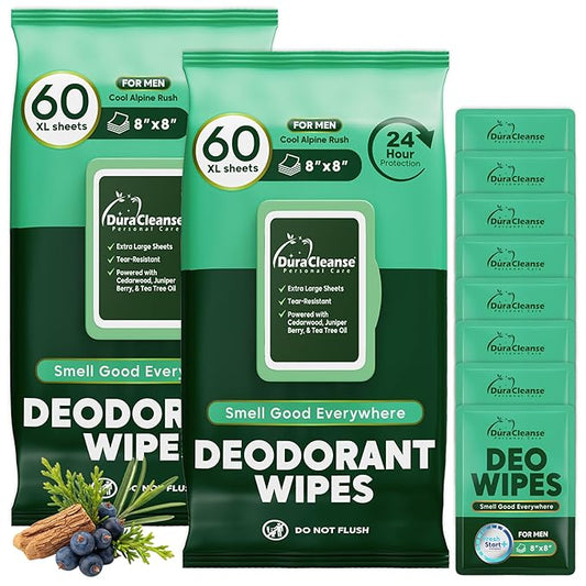 Deodorant Wipes for Men - Freshening Body Towelettes for Post-Workout, Travel, and Daily Deodorizing - On-the-Go Fresh Scent Cleansing Wipes, 120 Count (2 Pack)