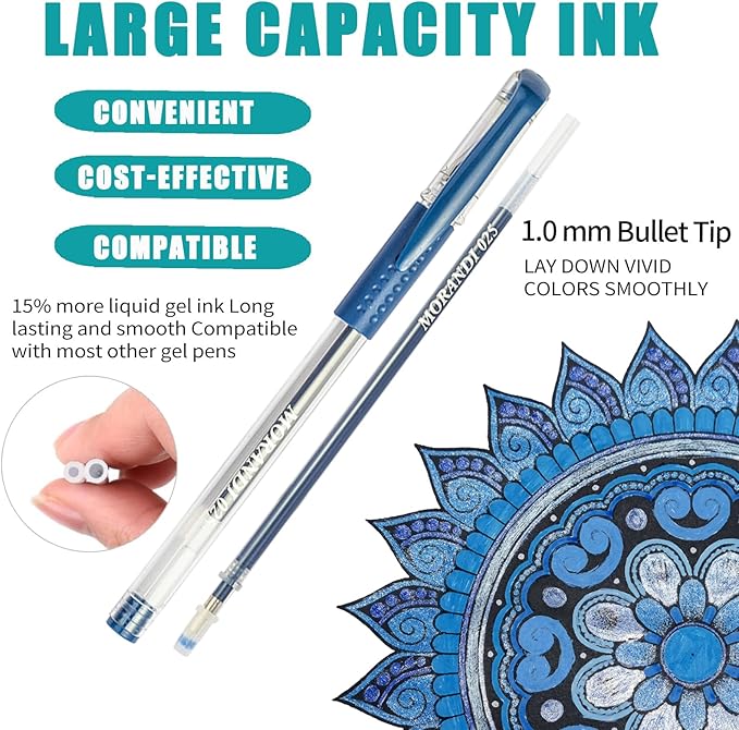 48 Pack Blue Gel Pens, 24 Colored Gel Pen with 24 Refills,40% More Ink Write Smooth for Adults Coloring Books Drawing Doodling Scrapbooks Bullet Journaling