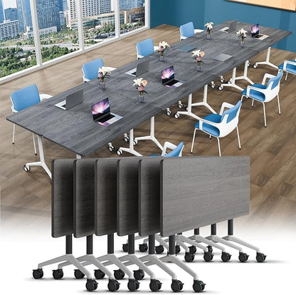 Conference Table, Foldable Conference Room Tables with Silent Wheels, Folding Modular Seminar Meeting Tables, Modern Rectangle Training Table for Office, Boardroom (6, Grey, 47.2)