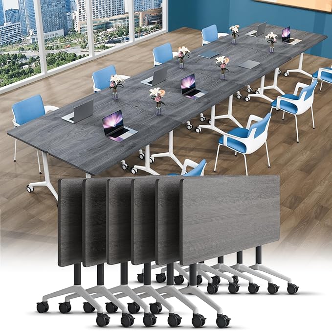 Conference Table, Foldable Conference Room Tables with Silent Wheels, Folding Modular Seminar Meeting Tables, Modern Rectangle Training Table for Office, Boardroom (6, Grey, 70.8)