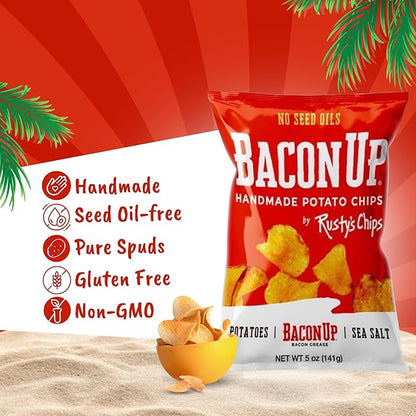 Bacon Up - Handmade Crunchy Healthy Potato Chips - No Preservatives, No Seed Oils, Gluten Free, Healthy Snacks for Adults - 5oz (12 Snack Packs) by Rusty's Chips