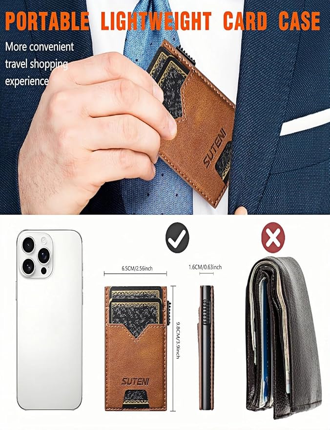 Men's Slim Wallet, RFID Blocking Metal Card Holder, Pop Up Design, Minimalist Style, Holds 9 Cards (Brown)