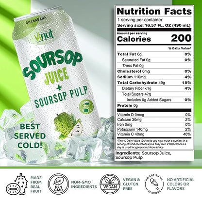 Vinut 100% Soursop Juice With Pulp (16.57 fl oz, Pack 6), No Sugar Added, Real Guanabana Soursop Graviola Drink, Fresh, Natural, Not from Concentrate (NFC)