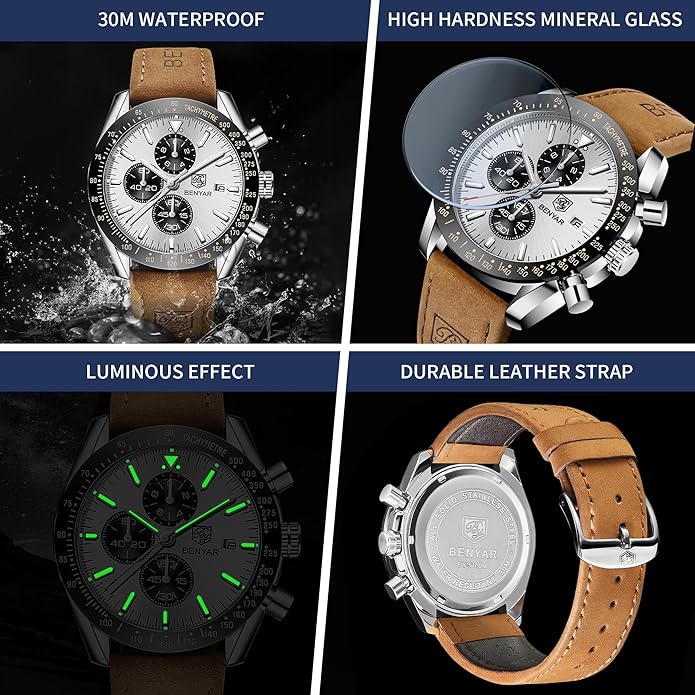 BY BENYAR Watch for Men Analog Quartz Chronograph Waterproof Luminous Designer Mens Wrist Watches Business Work Sport Casual Dress Watch with Silicone Strap Elegant Gifts for Men