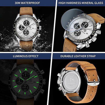 BY BENYAR Watch for Men Analog Quartz Chronograph Waterproof Luminous Designer Mens Wrist Watches Business Work Sport Casual Dress Watch with Silicone Strap Elegant Gifts for Men