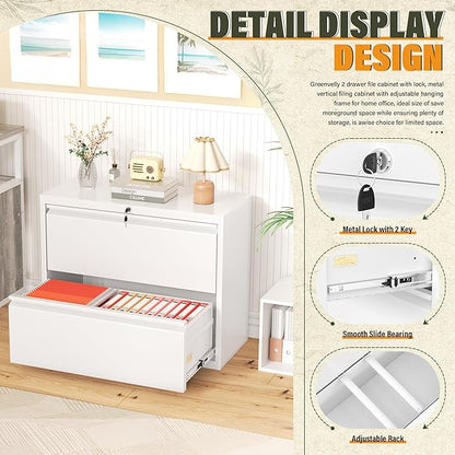 Greenvelly Lateral File Cabinet 2 Drawer, Lockable Metal Filing Cabinet for Home Office, White Metal File Cabinet with Lock for Legal/Letter/A4/F4 Size with Hanging Bars&Key