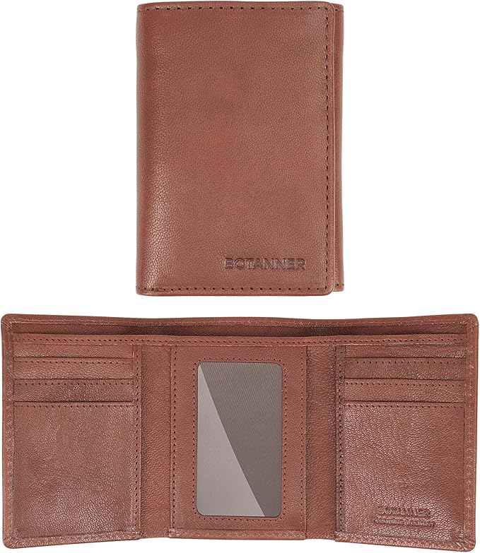 Genuine Leather Mens Trifold Wallet RFID Blocking 6 Credit Card Slots 1 ID Window 1 Section for Bills 2 Hidden Pockets- Choco
