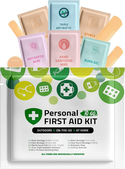 Portable Travel Size First Aid Kit - 60 Pack Case | Perfect for Home, Office, Car, School, Business, Travel, Hiking, Hunting, and Outdoors | Individually Wrapped First Aid Products (Green)