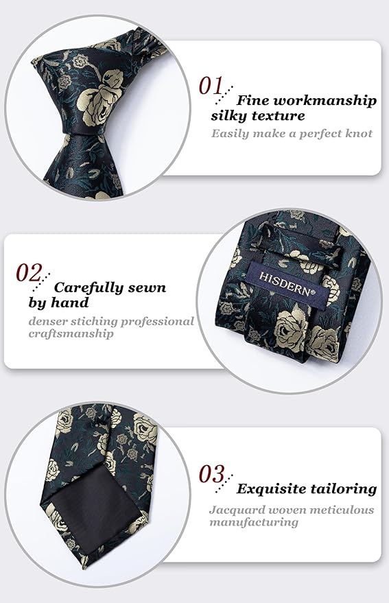 HISDERN Men Floral Ties Woven Classic 3.4" Necktie Set Formal Tie Pocket Square for Wedding with Handkerchief Gift Box