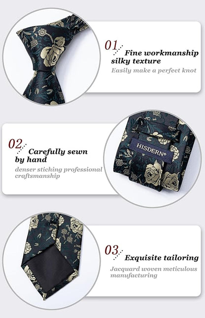 HISDERN Men Floral Ties Woven Classic 3.4" Necktie Set Formal Tie Pocket Square for Wedding with Handkerchief Gift Box