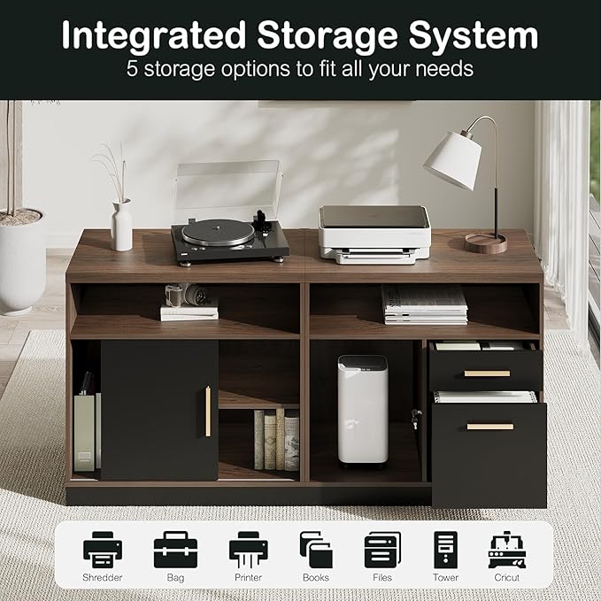 Home Office Furniture Set, 114" Standing Desk with 2 File Cabinets, AC/USB, Extra Long Double Desk for 2 Person, Electric Height Adjustable for Home and Office, Black Walnut