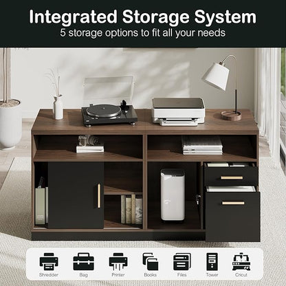 Home Office Furniture Set, 114" Standing Desk with 2 File Cabinets, AC/USB, Extra Long Double Desk for 2 Person, Electric Height Adjustable for Home and Office, Black Walnut