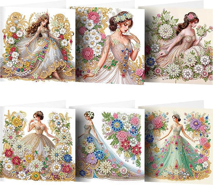 6pcs DIY Dress Girl Diamond Art Painting Greeting Cards Kit, Rhinestone Art Holiday Birthday Card Set with Envelopes, DIY Festival Craft for Girlfriend, Christmas Valentine Gift Making Supplies
