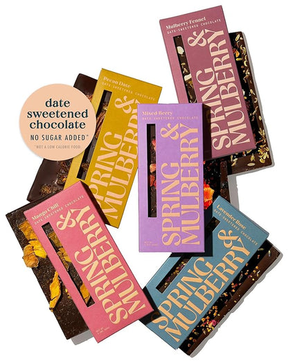 Spring & Mulberry Date-Sweetened Chocolate – 5-Bar Embellished Pack, Flavors with Fruits, Nuts, Spices & Essential Oils for the Perfect Treat