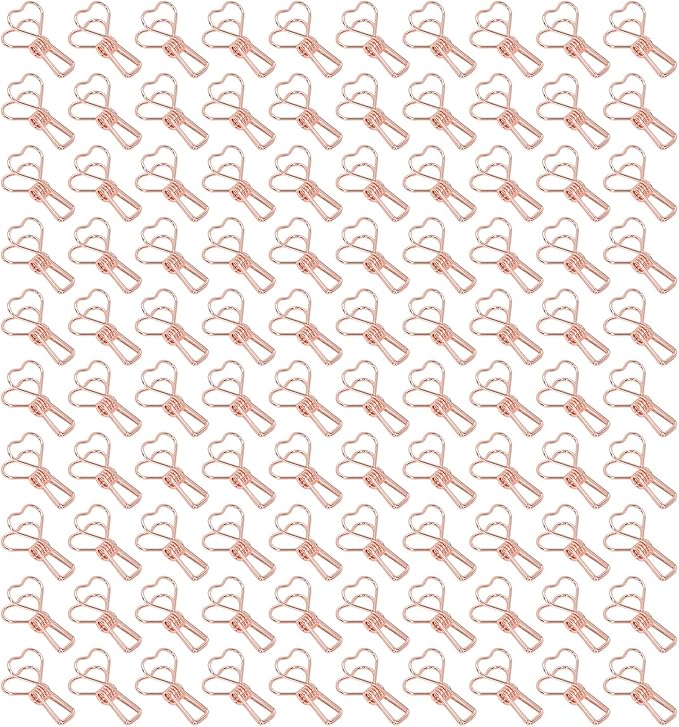 Clips in Assorted Sizes, Medium Metal Paper Clips, 100 Pcs Rose Gold - Strong Clamping Force, Hollow Heart Shape, Cute Office Document Accessories (Pink Gold)