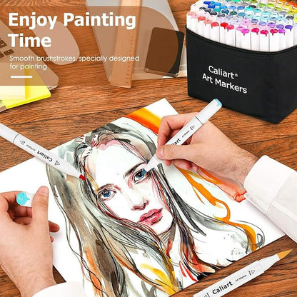 Caliart Alcohol Based Markers, 81 Colors Artist Drawing Markers Set Dual Tip Brush & Fine Permanent Colored Art Pens, Christmas Gifts for Teen Girls Boys Kids Adults Coloring Book Illustration