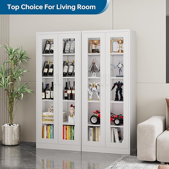 Display Storage Cabinet with Glass Door, 67 Inches Metal Curio Cabinet with 4 Adjustable Shelves, HD&Tempered Glass Display Case for Home, Office, Clinic, Pantry, Assemble Required (White)